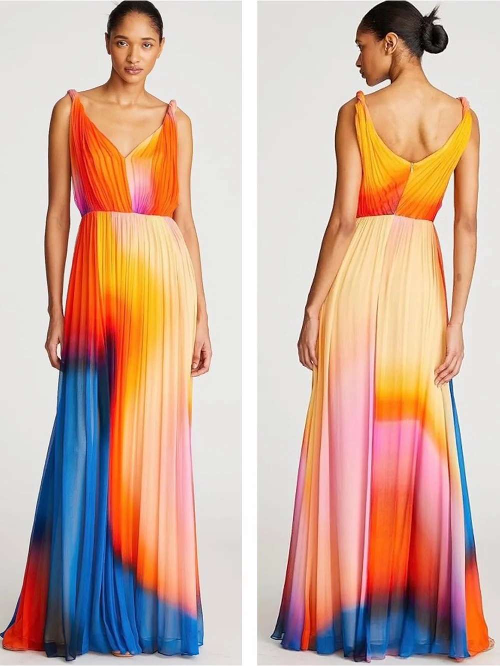 HALSTON Stacia Crinkle Chiffon A-Line Watercolor Ombre Chiffon Maxi Dress